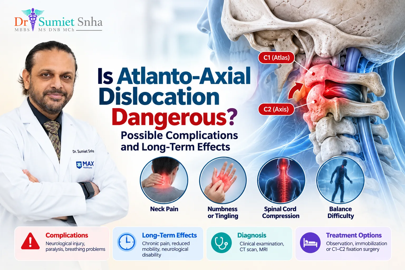 Atlanto Axial Dislocation medical illustration showing C1-C2 vertebral instability, spinal cord compression, symptoms, complications, and treatment options by Dr. Sumiet Snha.