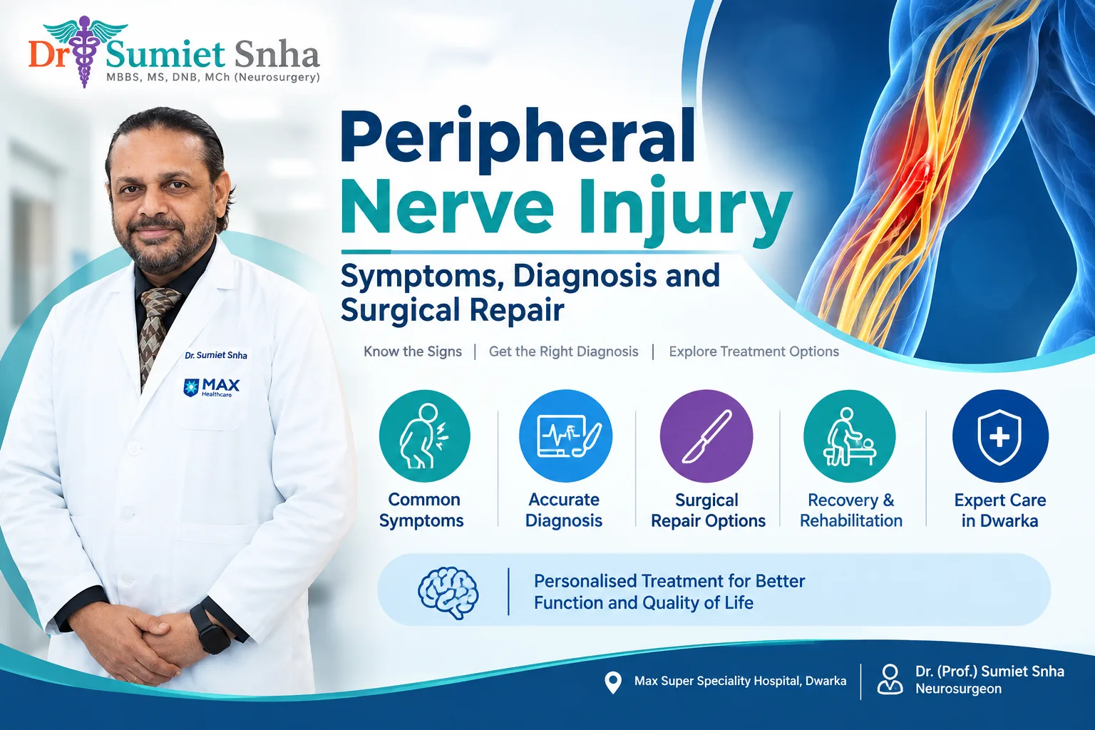 Peripheral nerve injury symptoms, diagnosis and nerve repair surgery by Dr. (Prof.) Sumiet Snha, neurosurgeon in Dwarka, Delhi.