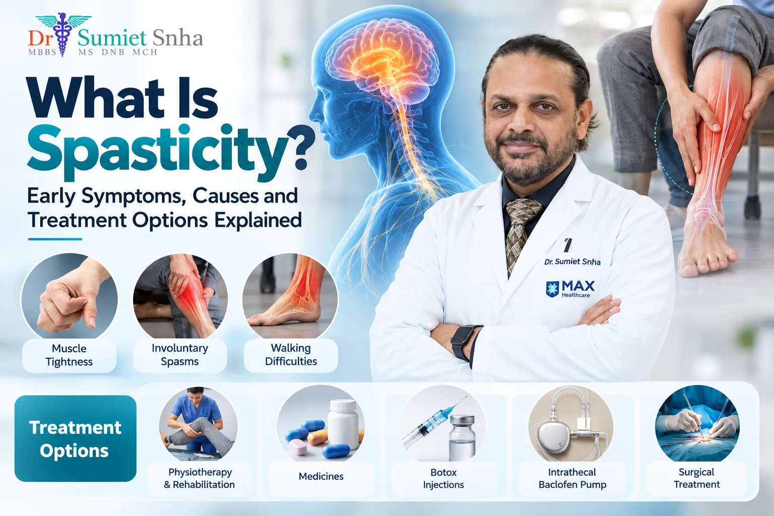 Spasticity Treatment explained by Dr. Sumiet Snha, highlighting early symptoms, neurological causes, muscle stiffness, and treatment options including physiotherapy, Botox injections, and surgery.